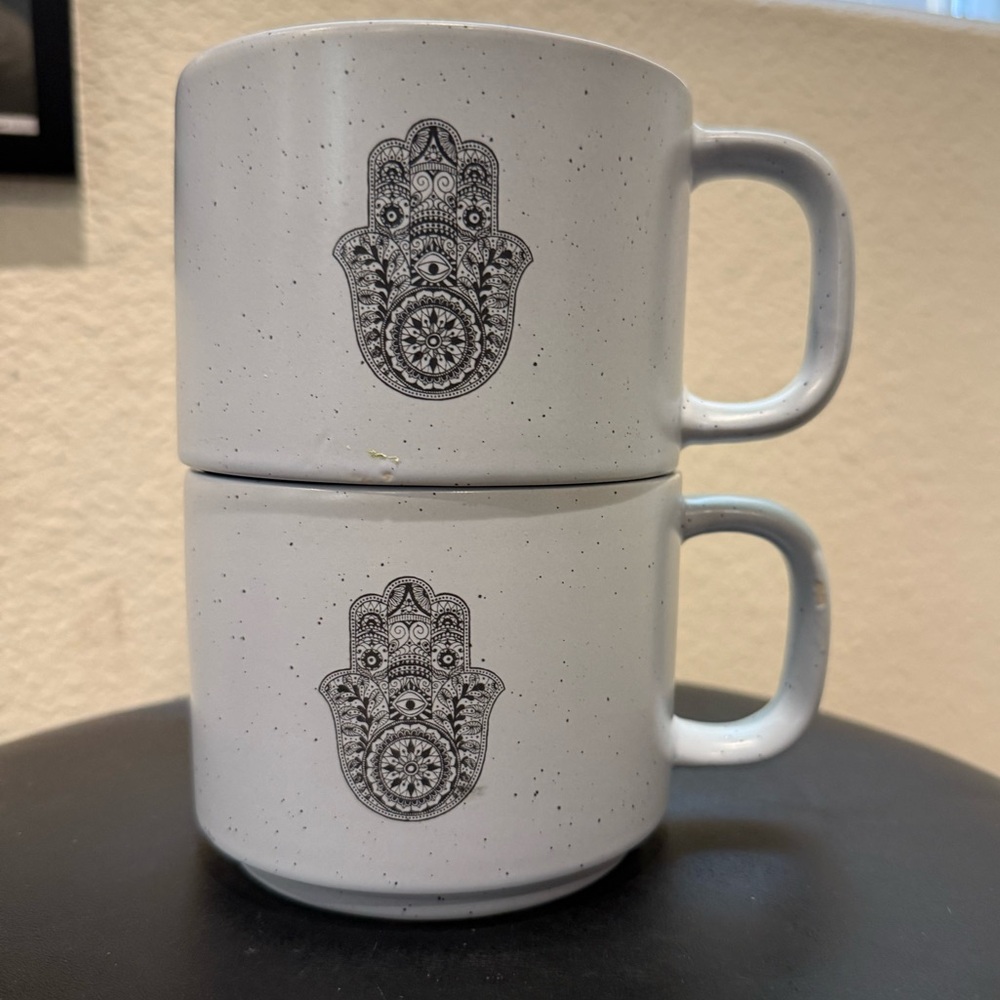 Stacked White Speckled Ceramic Mugs‎ with Hamsa Hand Design (Set of 2)